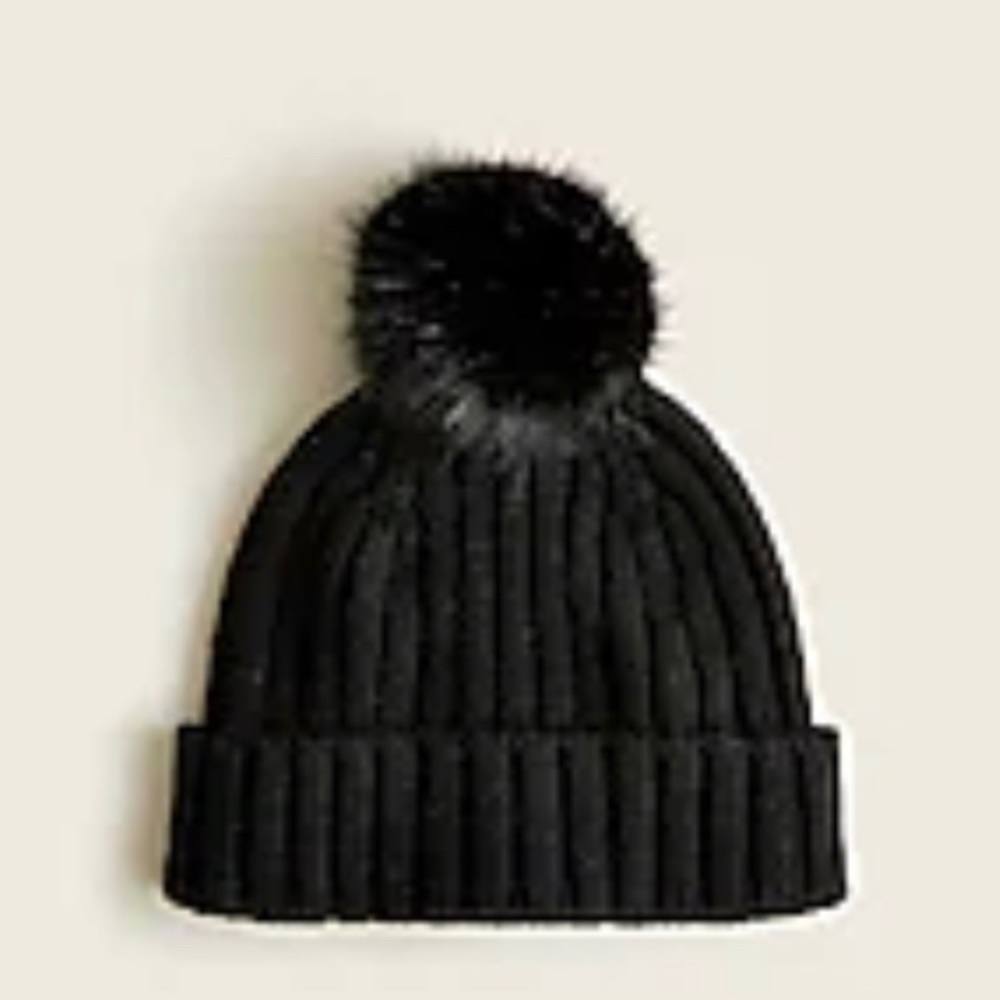 JCrew Black Ribbed Pom-Pom Beanie